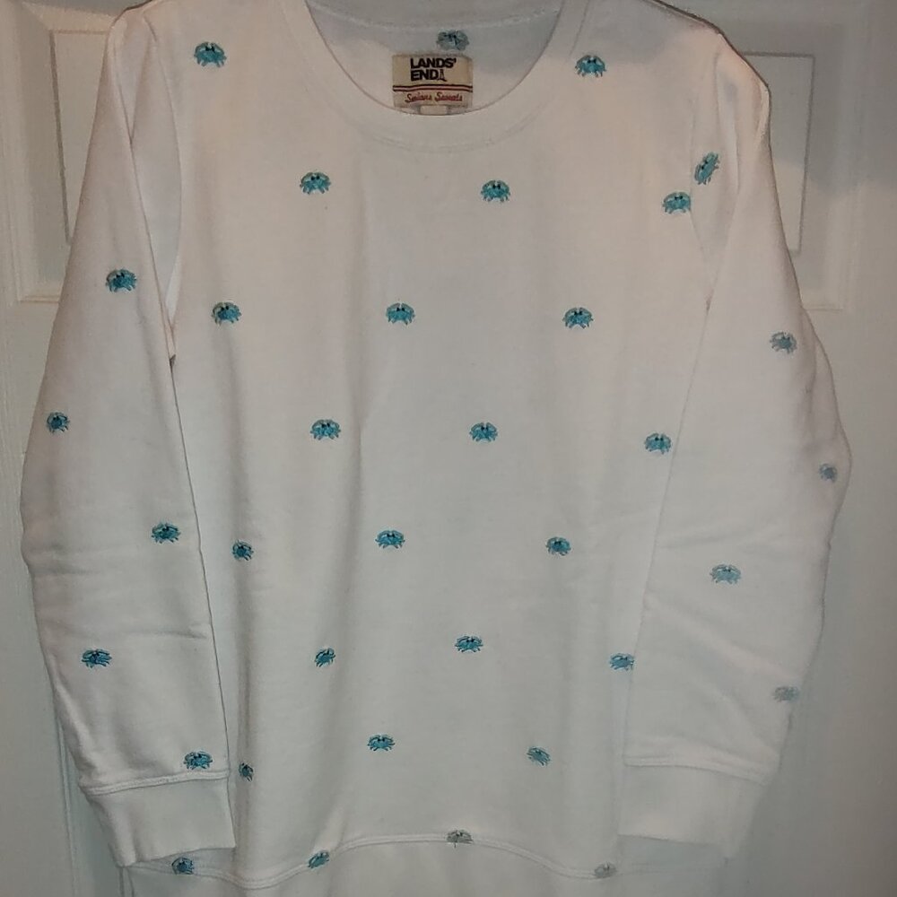 LANDS END FRENCH TERRY SWEATSHIRT RELAXED FIT WHITE AQUA CRUSTACEANS S/P 6-8